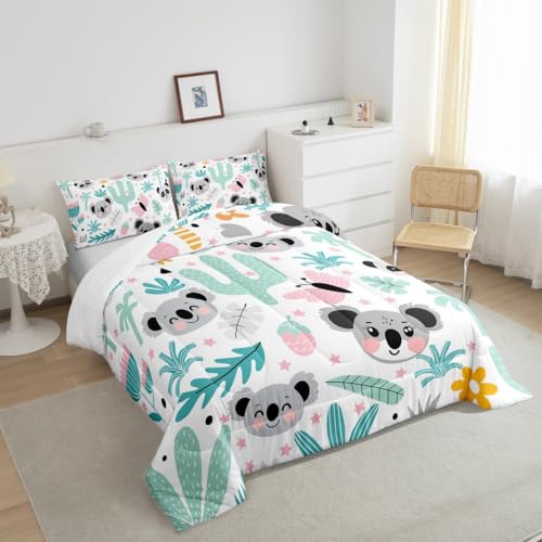 Image of Feelyou Cartoon Koala Comforter Queen, Cute Koala Bear Comforter Set for Kids Boys Girls Kawaii Animals Comforter Set Tropical Plants Duvet Set Durable Quilt Set