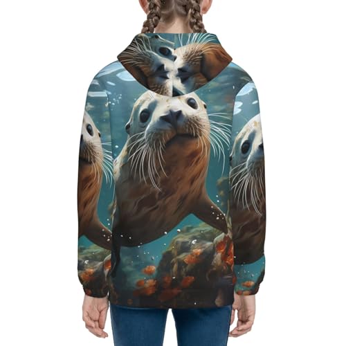 Seal pup in water Print Girls Athletic Zip Up Hoodies,Sweatshirts with Pockets Long Sleeve Hooded Jackets, for 7-18 Y4