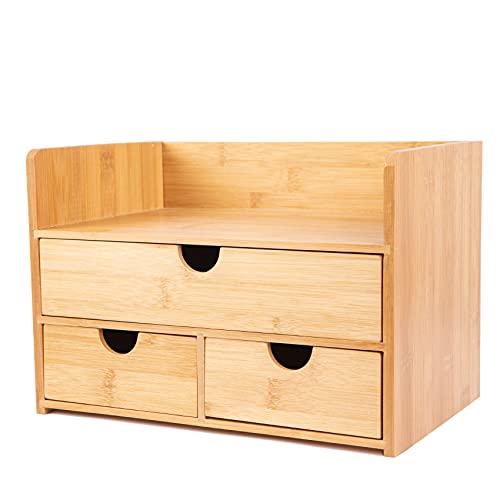 Bamboo Desk Organizer with Drawers Shelf - Mini Small Desktop Organizer with Drawers Wood - Desktop Drawer Organizer - Makeup Vanity Cosmetic Tabletop -Bathroom Counter Organizer Storage - Table Top Box Countertop Desktop Storage Drawers Office