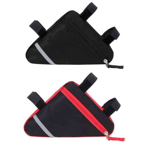 Aiqeer 2 Piezas Bolsa Triángulo para Bicicleta, Triangular de Tubo Delantero, de Herramientas, de Nylon, Con Rayas Reflectantes (Rojo & Negro)