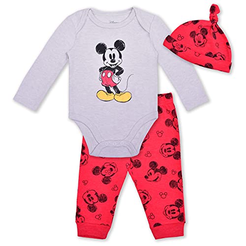 Image of Disney Mickey Mouse Boys’ Long Sleeve Bodysuit, Cap and Jogger Set for Newborn – Grey/Red