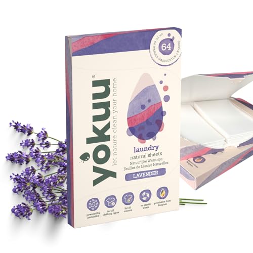 YOKUU Probiotische Reisewaschmittel Blätter | 64 Ladungen | Lavendel | Ökologische Waschblätter Schwarze & Weiße Wäsche | Ultra-Konzentriert, Vordosiert & Wasserlöslich