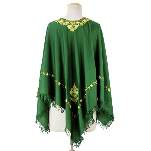 NOVICA Artisan Handmade Wool Poncho Kashmiri Chain Stitch Floral Embroidery Green Clothing Embroidered India ' Kashmiri Forest'4