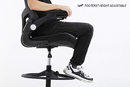 Simple Chic Home Office Drafting Chair Ergonomic Tall Office Chair With Flip Up Arms Foot Rest Back Support Adjustable Height Mesh Drafting Stool For Standing Desk, Best Home Office Chair - Black #TOP5