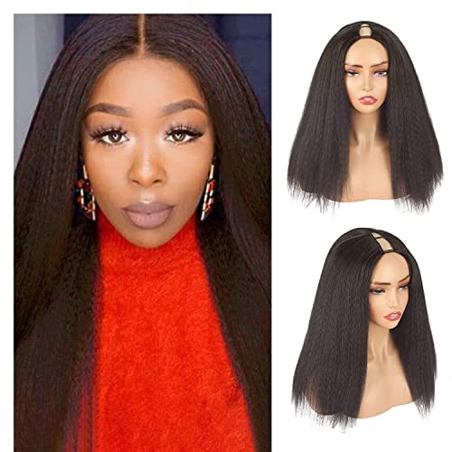 KRSI Kinky Straight V Part Wigs for Black Women 20Inch Dark Brown V Part Wig Synthetic Yaki Curly Black Wigs for Natural 5C Hair Full Head V Shape Wig Clip in V Part Curly Wig 180 Density