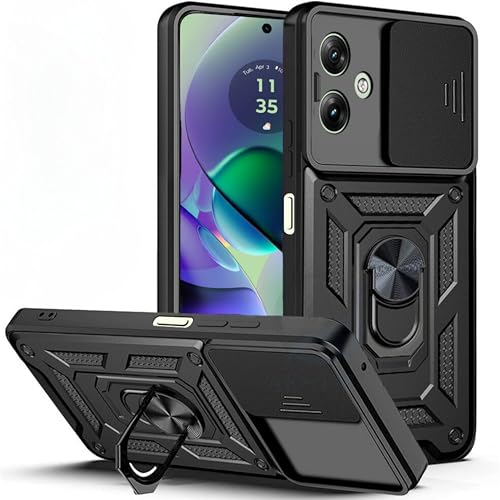 Image of SPAZY CASE Moto G64 5G Back Case | Heavy Duty Hybrid Case with 360 Degree Rotating Finger Ring Holder + Slider Shutter Camera Protection Cover for Moto G64 5G 5G - Black