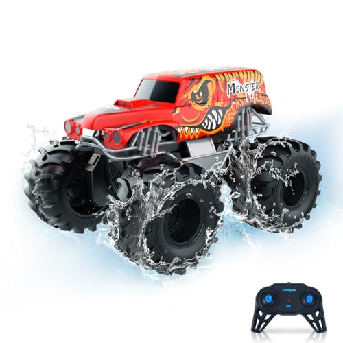 Carox Amphibienfahrzeug Ferngesteuertes Auto, 2.4 Ghz 1500mah RC, Wasserdicht Monstertruck Auto Car Pool Strand Spielzeug für Kinder ab 6 Jahre OX21RED