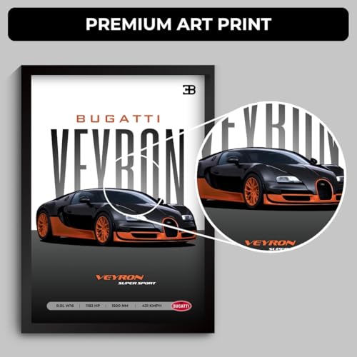 Image of Bugatti Veyron Poster | Framed Bugatti A4 Sized (31 x 23 cm) | Veyron Car Poster for Wall, Gift for Boys, Hypercar Frames | Dream Car Posters for Wall, Bedroom, Hostel, Study Area, Hostel (F 072)