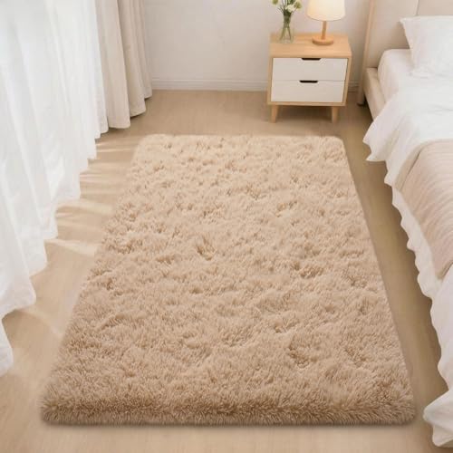 2x3 Rugs for Bedroom, Fluffy Area Rugs for Living Room, Soft Shag Kids Rug Small Carpet with 4 Non-Slip Rug Pads (Light Tan, 2ft x 3ft)