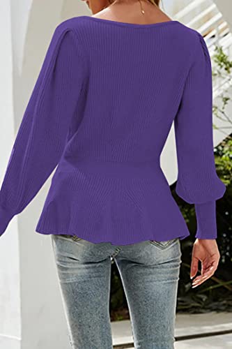 Image of Womens Fall Puff Sleeve Peplum Casual Slim Fit Knit Pullover Sweater Jumper Tops