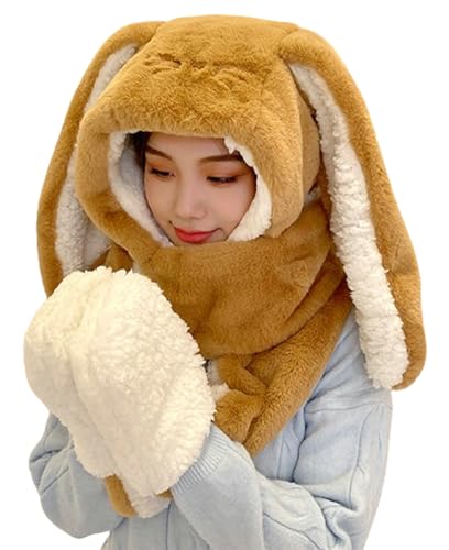 Image of Women Cute Rabbit Ear Plush Beanie Cap Outdoor Fluffy Bunny Hat Scarf Set Indoor Warm Thick Fleece Animal Hoodie