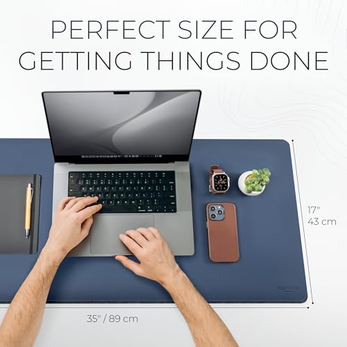 Image of Nordik Felt and Leather Desk Mat - Dual Layer Midnight Blue 35 x 17 in