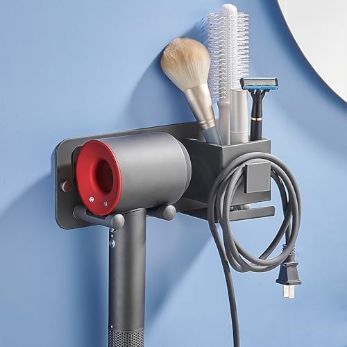 ASKLUND Porta Phone Bagno da Muro, Reggi Phon da Parete Supporto Asciugacapelli Adesivo Portaphone con Portacavi e Mensola Doccia per Bagno Parrucchiere e Hotel(Grigio)