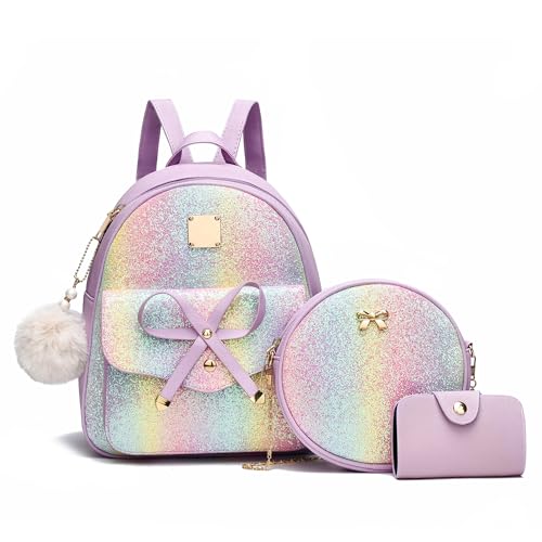 Image of I IHAYNER Girls Bowknot 3-Pieces Fahsion Leather Backpack Backpack Purse for Women Rucksack for Ladies Shoulder Bag