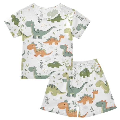 ALAZA Dinosaur Leaf Cute Pajamas Set Short Sleeve Cotton Sleepwear Summer Pjs 2 Piece 5-14Y