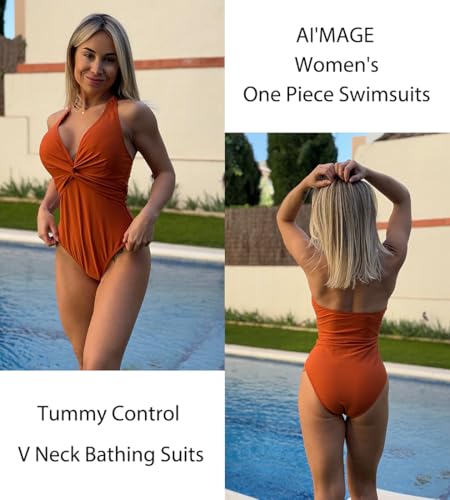 AI'MAGE Women's One Piece Swimsuits V Neck Tummy Control High Waisted Bathing Suit Halter Top Swimwear4