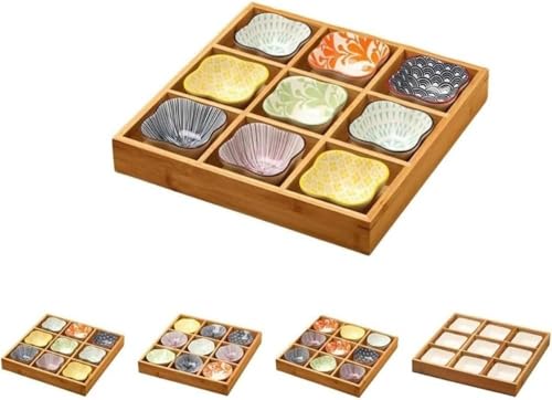 小皿セット 和風 9点セット 陶器 仕切り付き 深型 竹トレイ付き 前菜皿 盛り鉢 醤油皿 小鉢 和食器 セラミック 火鍋 焼肉 寿司 食洗機対応 天然木 調理器具 (32.5*32.5*5CM,南筑9グリッド+花の形をした皿9品)