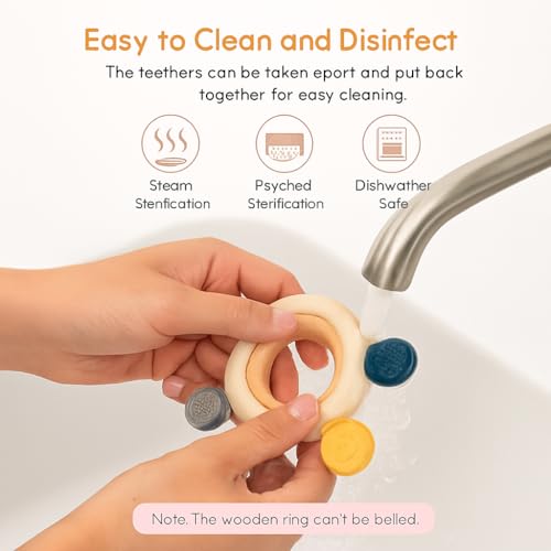 Image of KLIMET Silicone & Wooden Baby Teether for 3+ Months | BPA Free Soft Teething Toy | Safe Teether for Infants | Round Shape | Color - Beige
