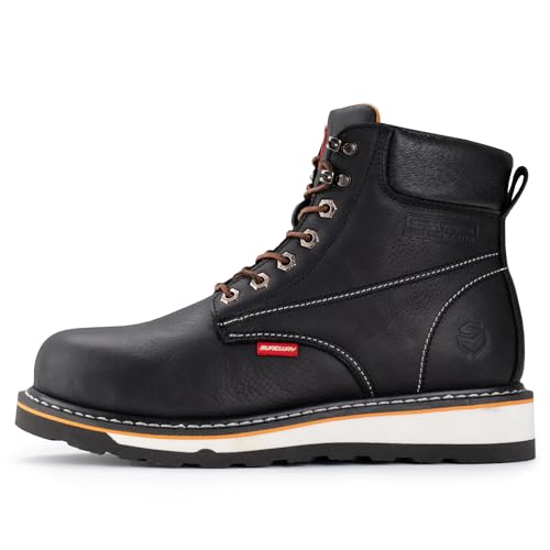 SUREWAY 6 in Mens Heavy Duty Soft/Steel Toe Work Boots for Men,Goodyear Welted,Full Grain Leather,Slip Resistant,EH Safety Industrial Construction Boot,Soft Toe Black White,Size 9.52