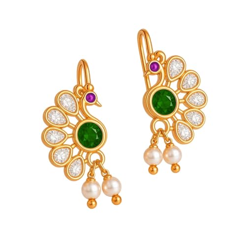 Image of VAMA FASHIONS 18K Gold Plated Anti Tarnish Half Moon Peacock Shape Traditional Maharashtrian Press on Bugadi Upper Ear Clip on Earrings For Women & Girls
