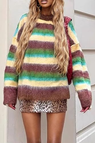 Vakkest Women's Striped Pullover Sweater Long Sleeve Crewneck Cute Color Block Fall Cozy Fuzzy Knitted Loose Tops2