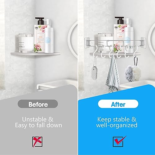 Image of RV Shower Corner Storage Bar-Adjustable Stainless Steel Tension Rods with 6 PCS Hooks,RV Camper Travel Trailer Boat Bathroom Organization Must Have Accessories for Securing Toiletries