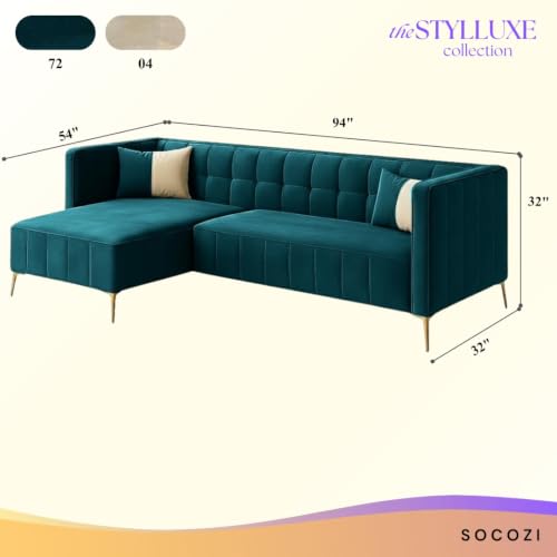 Image of SOCOZI Stylluxe 6 Seater Velvet Fabric LHS L Shape Sofa Set for Living Room |Fabric L Shape Sofa Set for Home & Office (Green Teal)