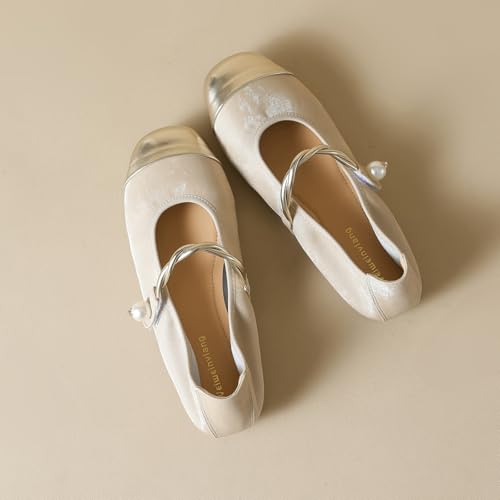 Women's Satin Pearl Mary Jane Flats with Hook and Loop Strap Fashion Round Toe Shallow Mouth Roll-Up Ballet Flats Comfortable Casual Foldable Soft Sole Wedding Guest Flats3