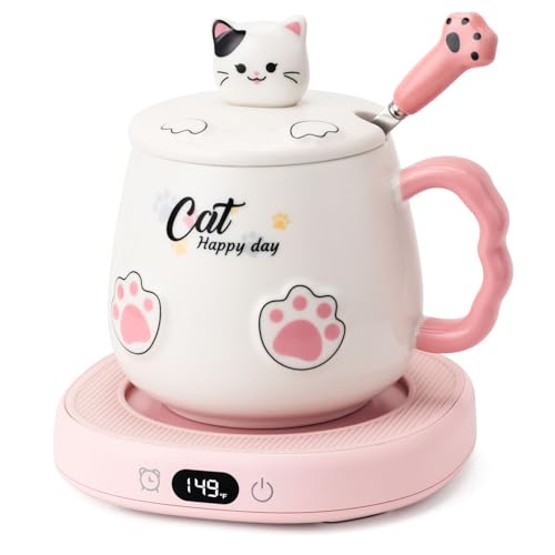 Image of Bsigo Smart Coffee Mug Warmer & Cute Cat Mug Set, Coffee Beverage Cup Warmer for Desk Home Office, Candle Warmer Plate for Cocoa Milk Tea Water with 3 Temperature Up to 149℉ / 65℃, 8 Hour Auto Shut Off