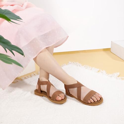 PANDANINJIA Girls Sandals Slip-on Elastic Ankle Cross Strappy Gladiator Dress Sandals Flats Summer Shoes Little Big Kids Sandals2