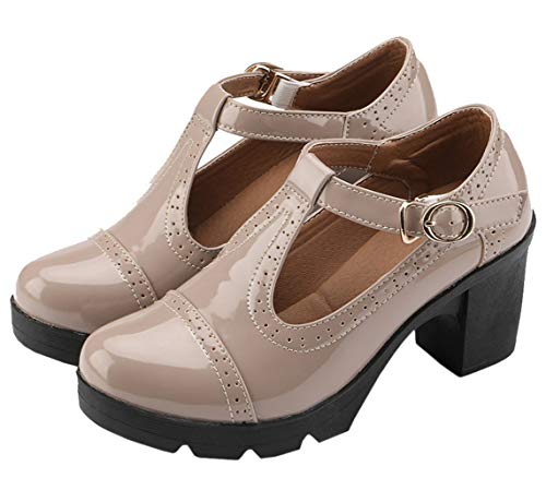 DADAWEN Women's Classic T-Strap Platform Mid-Heel Square Toe Oxfords Dress Shoes Apricot US Size 8