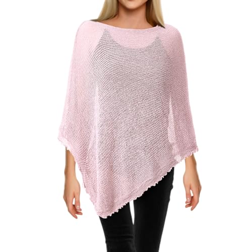 Cuffbow Women Sheer Poncho Top Knit Lightweight Summer Shrug Pullover Sweater(Pink)