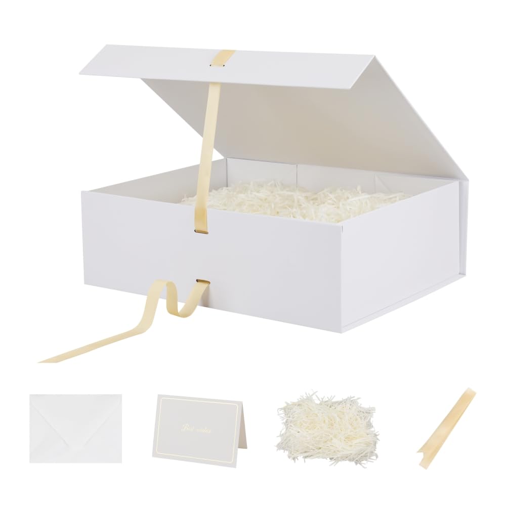 Confezione regalo extra large bianca 41,5 x 33 x 13 cm in scatole regalo extra large con coperchio | Grande scatola magnetica, scatole Jumbo con coperchio per regali, include carta increspata, nastro e biglietti