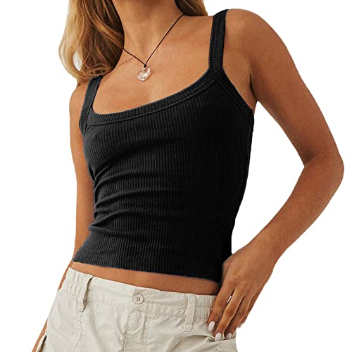 Women Ribbed Knit Sleeveless Crop Top Scoop Neck Slim Fit Cami Top