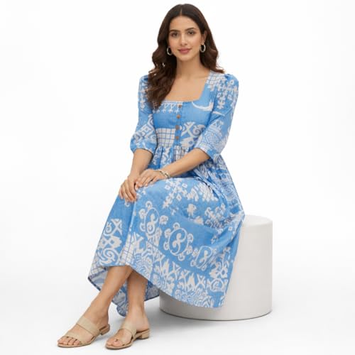 Image of Women's Light Blue Cotton Midi Dress - Square Neck Buttoned Frock - Geometric Print Casual A-Line Dress