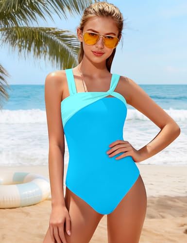 Image of BAVADER Girls Swimsuit One Piece Modest Girls Bathing Suit Solid Square Neck Ruched Adjustable Straps Padded Swimwear 9-16y