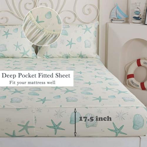 Image of FADFAY 100% Cotton Coastal Sheet Set Full - Ultra Soft Breathable Beach Bedding, Seafoam Green Starfish & Seashell Print, Ocean Themed Bed Sheets for Coastal Bedroom Decor, Deep Pocket, 4 Piece Set