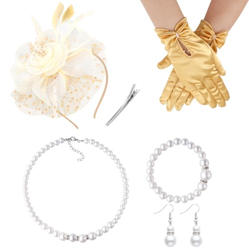 Image of DRESHOW 1920s Vintage Fascinators Hat for Women Veil Mesh Tea Party Derby Hat Bow Satin Gloves Pearl Jewelry Set for Cocktail