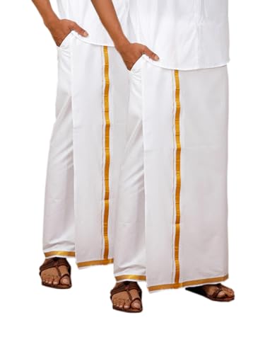 Image of Ramraj Cotton Men Cotton Blend Readymade White & Cream Dhoti With Gold Jari Border Genxt| Single Layer