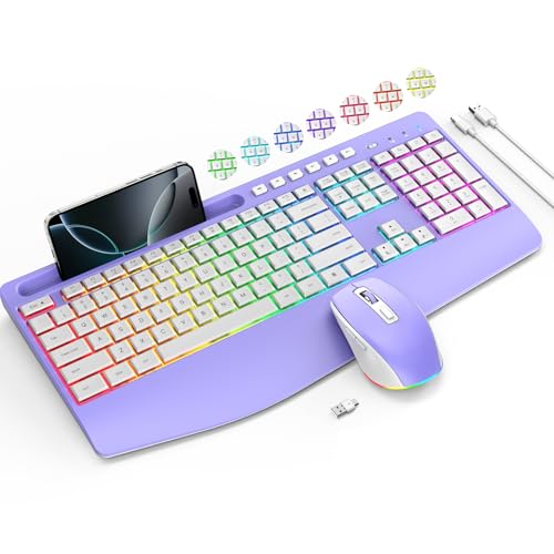 Wireless Keyboard and Mouse Combo- VEILZOR 2.4G Rechargeable Keyboard with Phone Holder, Ergonomic Wrist Rest, 9 RGB Backlit Effects, Silent Keyboard Mouse Set for Windows, Laptop, PC
