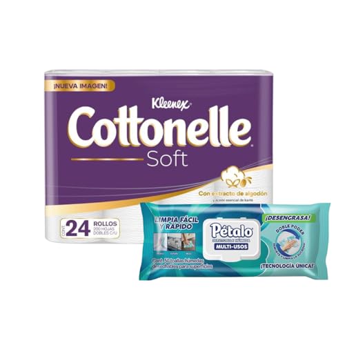Pétalo, Servitoalla Húmeda Multi-Usos, 50 piezas + Kleenex Cottonelle Soft, Papel Higiénico, Paquete con 24 Rollos de 200 Hojas Dobles C/U