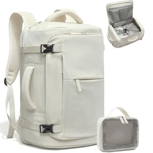 CAMTOP 40L Travel Backpack for Women Men, Lightweight Carry on Backpack for Flight Approved Expandable Personal Item Travel Bag with Makeup Bag Water Resistant Luggage Fits 17.3" Laptop (Beige)