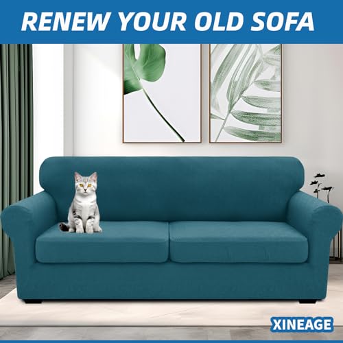 XINEAGE New 3 Pieces Couch Covers for 2 Extra Large Cushion Sofa Super Stretch Sofa Cover for 2 Large Seat Universal Loveseat Slip Cover for Living Room (Peacock Blue), 71"-91"(2 Cushions)