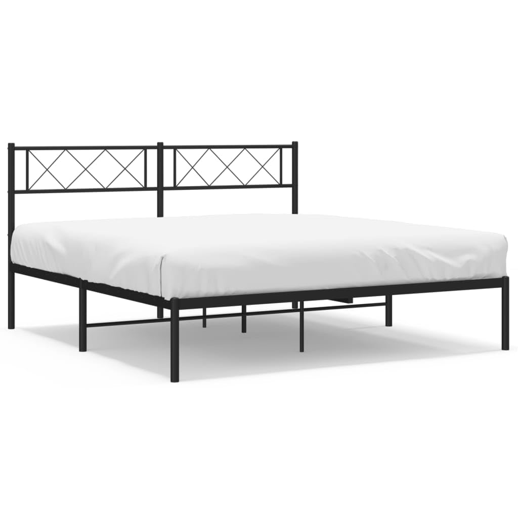 140x190 cm Black Metal Bed Frame with Headboard | Includes a supportive steel slat platform and under-bed storage space for bedroom or guest room use.