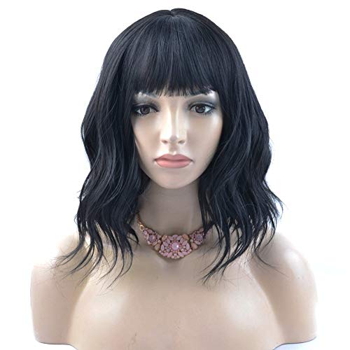 BERON Black Wig Short Curly Wigs Women Girl's Charming Synthetic Wigs with Bangs Wig Cap Included