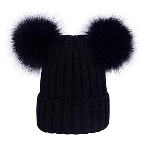 Toctax Womens Girls Winter Hat Wool Knitted Beanie with Double Pom Pom Cap Ladies Chunky Knitted Cap Ski Snowboard Bobble Black Cover