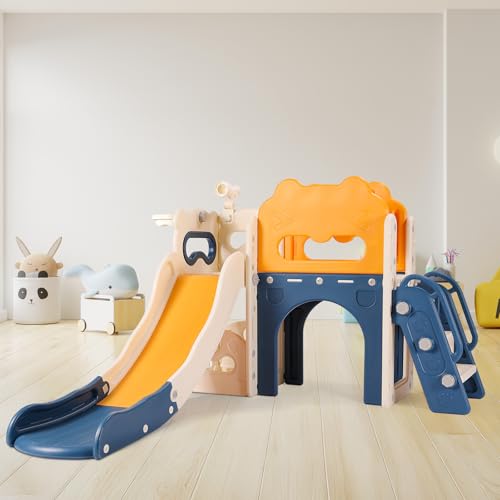 Arlopu 8 in 1 Toddler Slide Playset, Kids Slide with Basketball Hoop Ball and Telescope Storage Space Outdoor, Baby Slides for Age 3+ Indoor Backyard Playground (Yellow Blue)