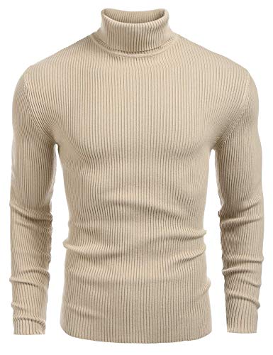 Image of COOFANDY Mens Ribbed Slim Fit Knitted Pullover Casual Turtleneck Sweater | Premium anti-shrink knit turtleneck. Soft, warm & stretchy-perfect for casual, work or outdoor wear in fall /winter.