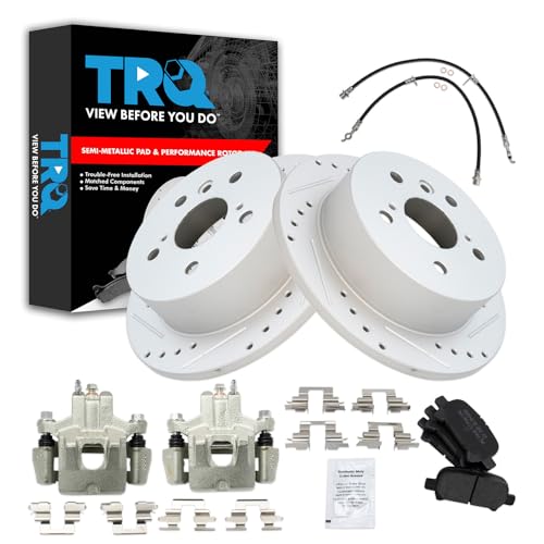 Image of TRQ Performance Rear Brake Pad and Rotor Set Semi Metallic Slotted Drilled Calipers Compatible with 2006-2007 Toyota Avalon 2006-2008 Solara