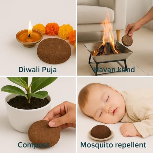 Image of Puja Ghar Pure & Original Desi Cow Dung Cake /uple /kande | Pack of 10 | Natural Holy Cow Dung for Pujan, Hawan & Religious Ceremonies | Round 3 Inch, Eco-Friendly, Smokeless Spiritual Fuel